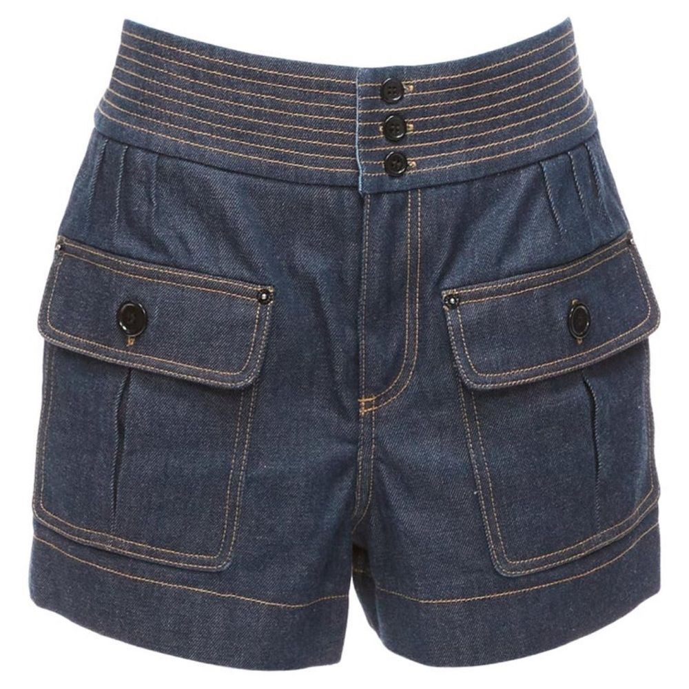 Chloe Raw Denim High-Waisted Contrast-Stitch Shorts, Size 40 (US 8)